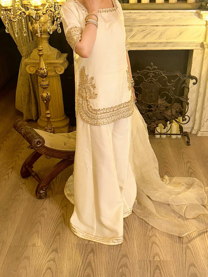 Sunehri Premium Cream Embroidered Chinon Palazzo Suit Set with Dupatta
