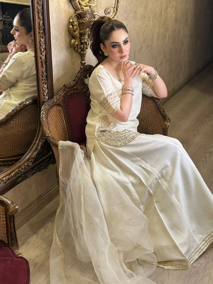 Sunehri Premium Cream Embroidered Chinon Palazzo Suit Set with Dupatta