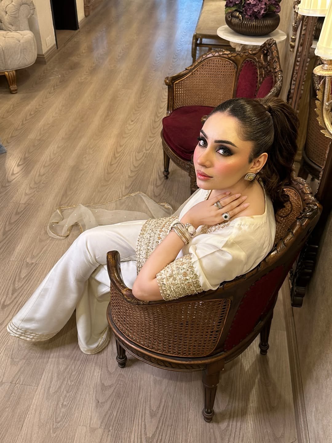 Sunehri Premium Cream Embroidered Chinon Palazzo Suit Set with Dupatta