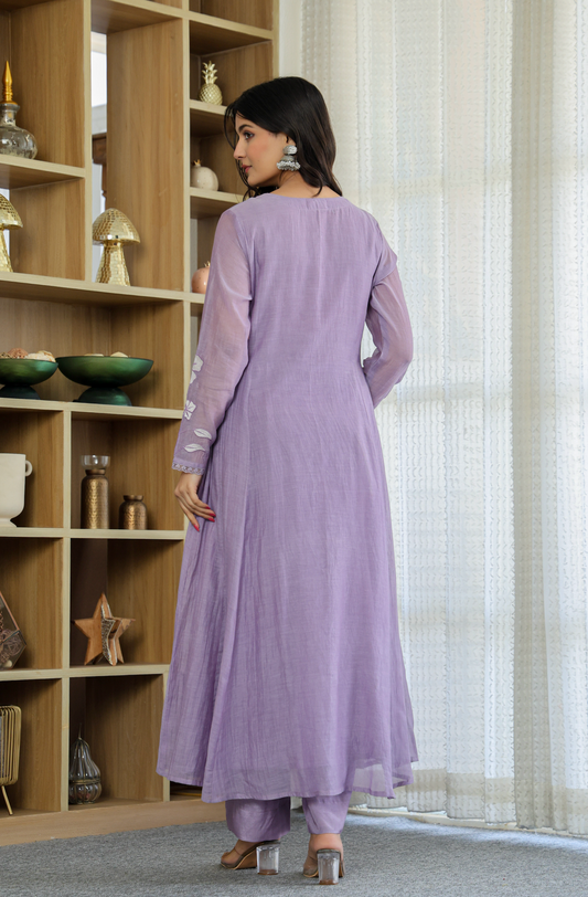 Devki Lavender Chanderi Silk Embroidered Anarkali Kurta Set with Dupatta