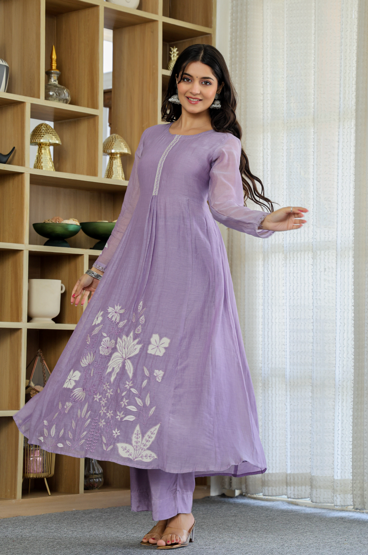Devki Lavender Chanderi Silk Embroidered Anarkali Kurta Set with Dupatta