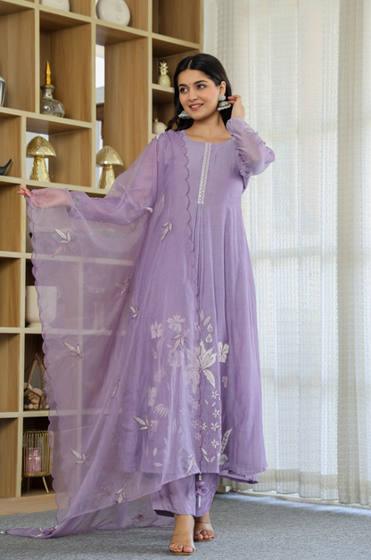 Devki Lavender Chanderi Silk Embroidered Anarkali Kurta Set with Dupatta