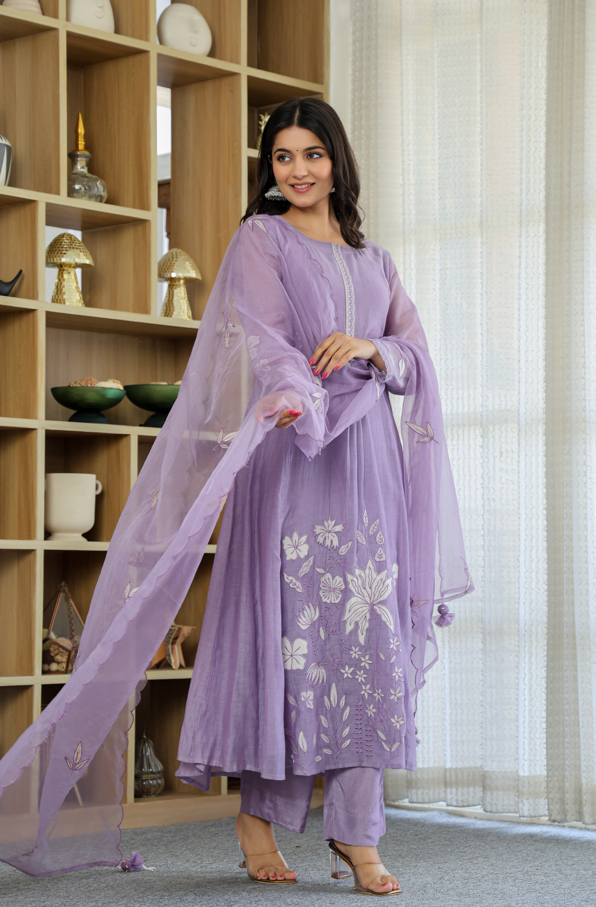 Devki Lavender Chanderi Silk Embroidered Anarkali Kurta Set with Dupatta