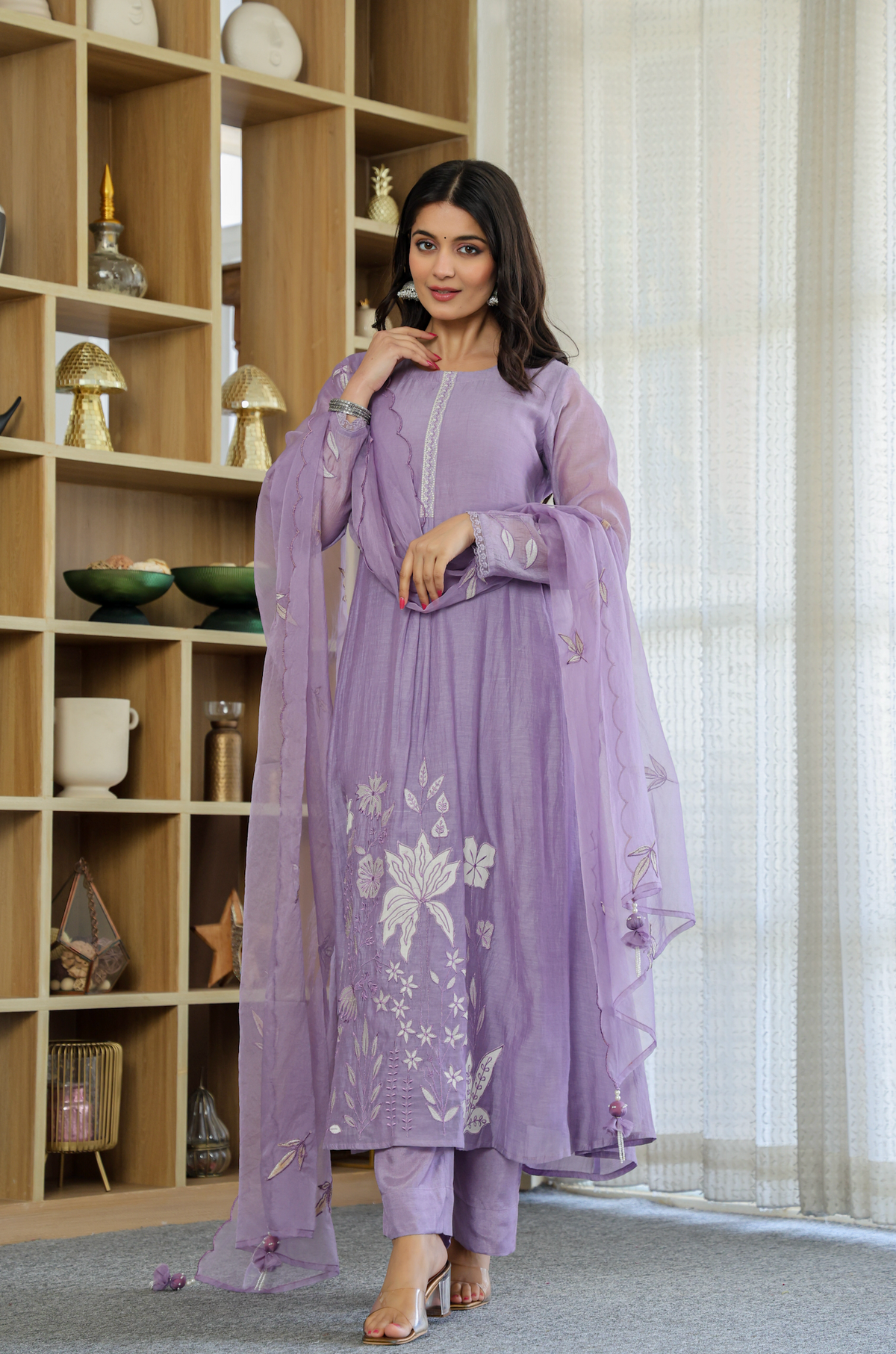 Devki Lavender Chanderi Silk Embroidered Anarkali Kurta Set with Dupatta