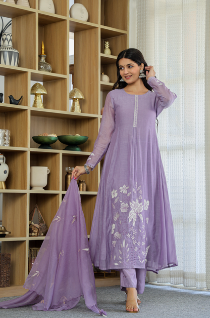 Devki Lavender Chanderi Silk Embroidered Anarkali Kurta Set with Dupatta