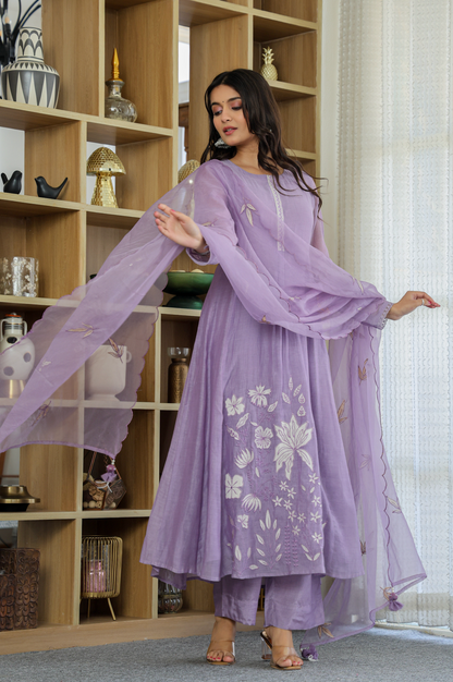 Devki Lavender Chanderi Silk Embroidered Anarkali Kurta Set with Dupatta