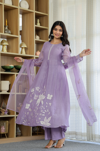 Devki Lavender Chanderi Silk Embroidered Anarkali Kurta Set with Dupatta