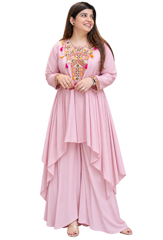 Women's Pink Embroidered High-Low Kurta with Palazzo Set | French Crepe Ethnic Wear | Elegant Festive & Party Wear Suit Set
