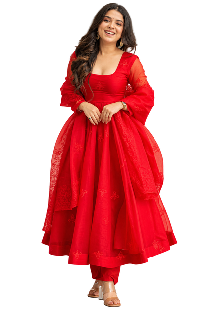 Dhrupal Red Embroidered Taby Silk Anarkali Suit Set with Dupatta