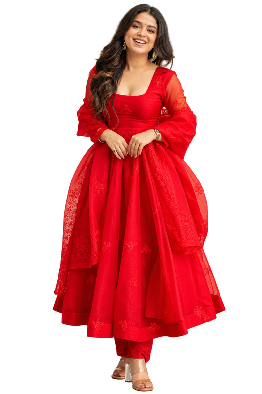 Dhrupal Red Embroidered Taby Silk Anarkali Suit Set with Dupatta