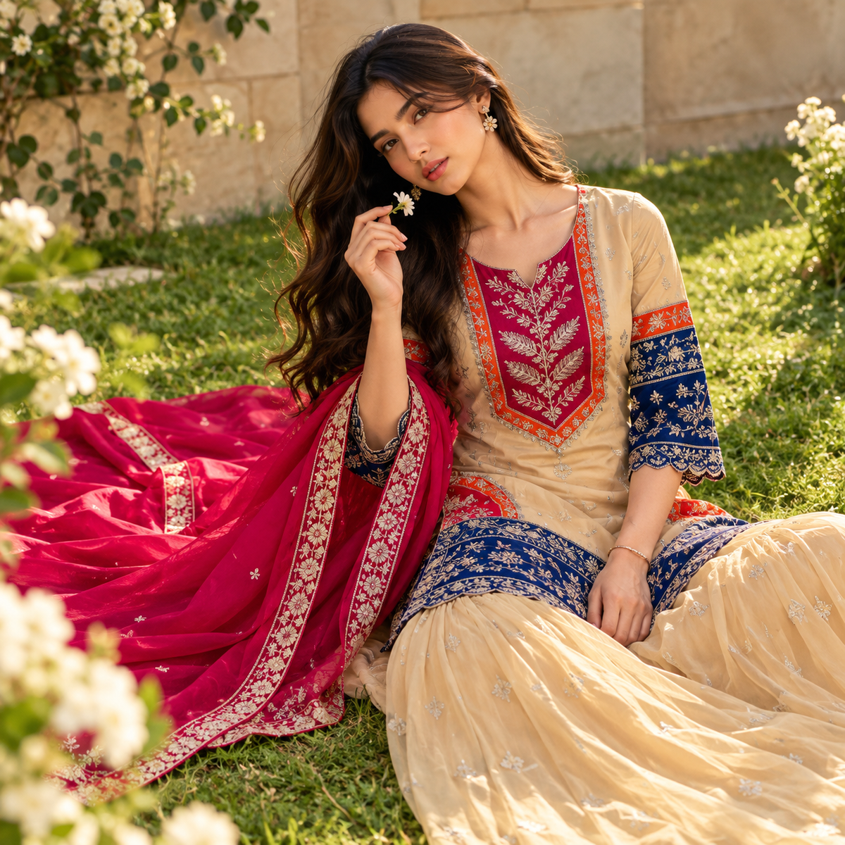 Embroidered Beige & Pink 3-Piece Suit Set with Dupatta