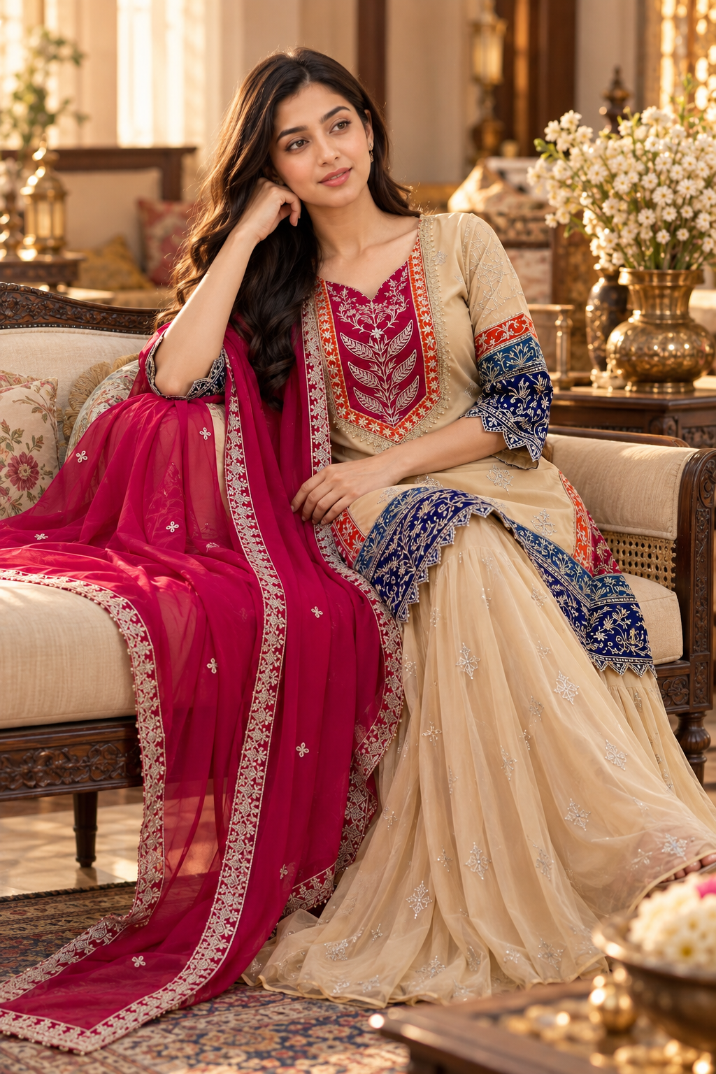 Embroidered Beige & Pink 3-Piece Suit Set with Dupatta