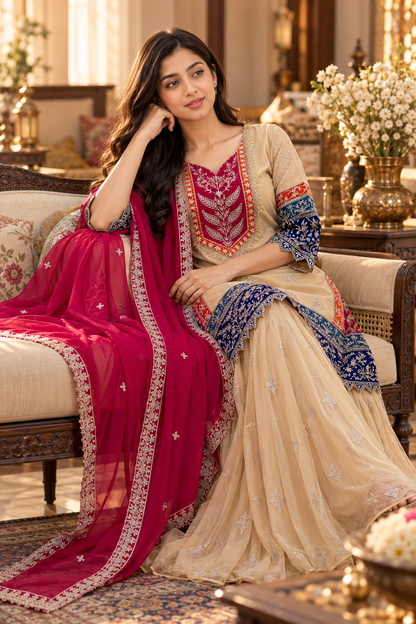 Embroidered Beige & Pink 3-Piece Suit Set with Dupatta