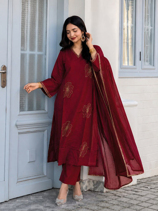 Nisha embroidered wine Roman suit set with Chanderi Silk dupatta