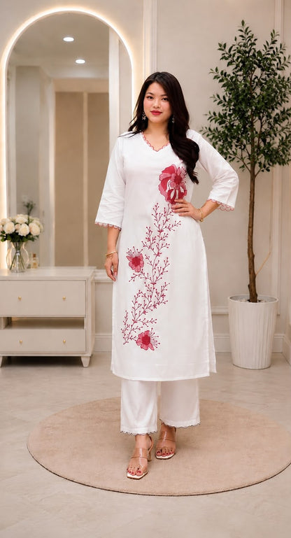 Aurelia Embroidered Slub Rayon Kurta Pant Set
