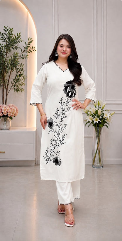 Aurelia Embroidered Slub Rayon Kurta Pant Set