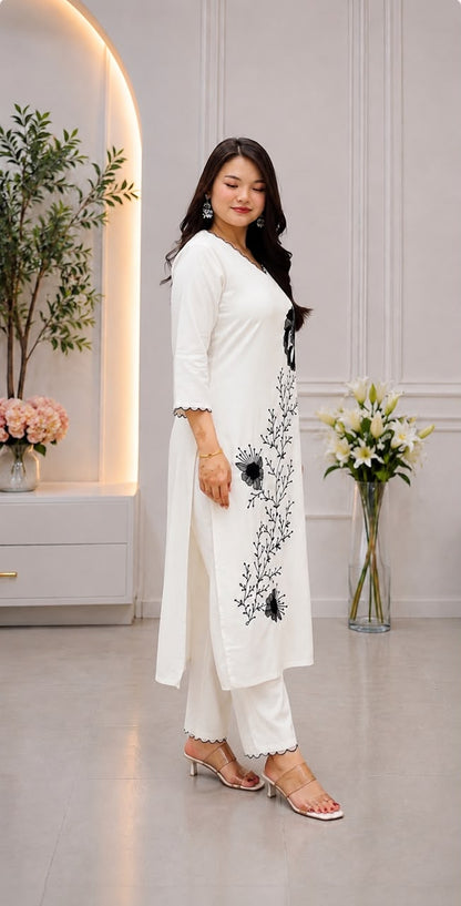 Aurelia Embroidered Slub Rayon Kurta Pant Set
