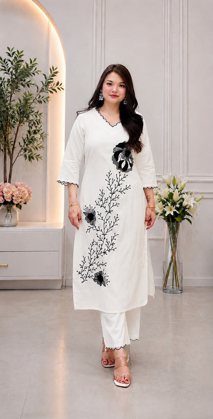 Aurelia Embroidered Slub Rayon Kurta Pant Set