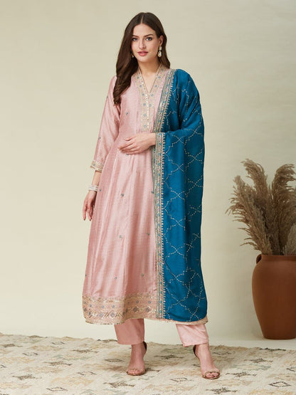 Elegant Embroidered Vichhitra Silk Anarkali Kurta Pant Set with Dupatta