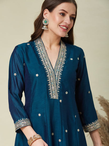 Elegant Embroidered Vichhitra Silk Anarkali Kurta Pant Set with Dupatta