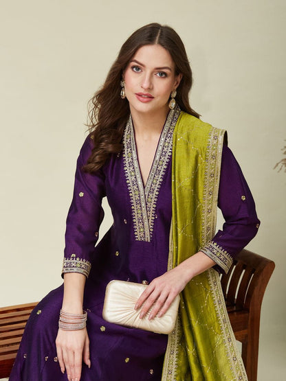Elegant Embroidered Vichhitra Silk Anarkali Kurta Pant Set with Dupatta
