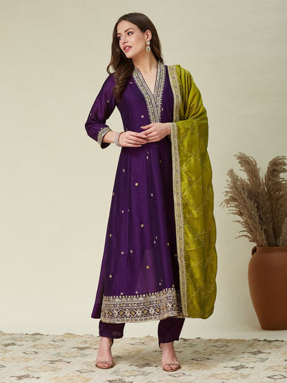 Elegant Embroidered Vichhitra Silk Anarkali Kurta Pant Set with Dupatta