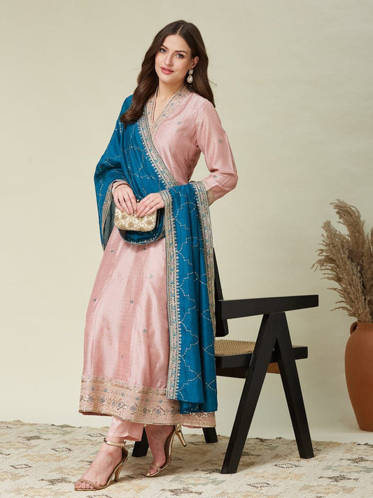 Elegant Embroidered Vichhitra Silk Anarkali Kurta Pant Set with Dupatta