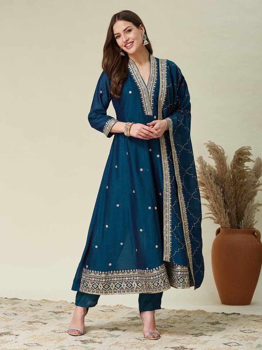 Elegant Embroidered Vichhitra Silk Anarkali Kurta Pant Set with Dupatta