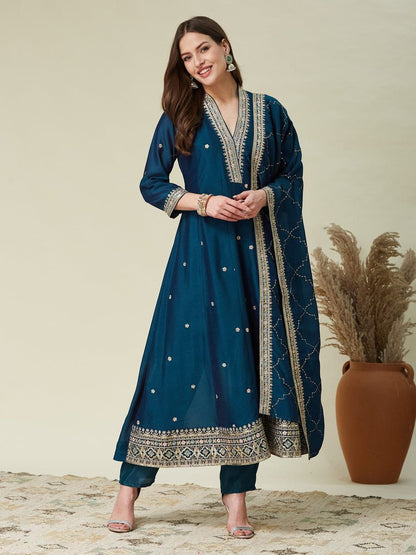 Elegant Embroidered Vichhitra Silk Anarkali Kurta Pant Set with Dupatta