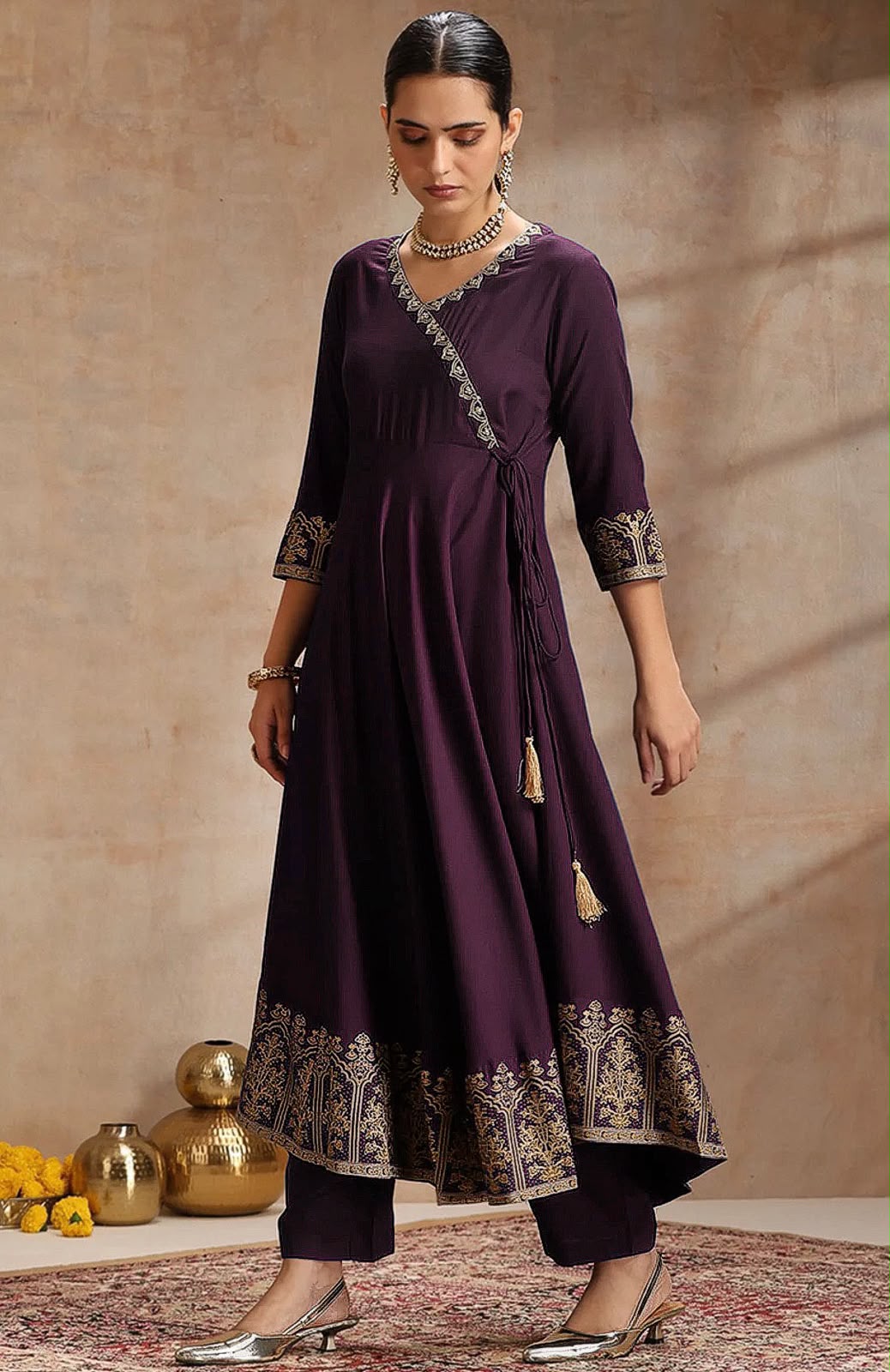 Elegant Foil Print Rayon Anarkali Kurta Pant Set with Designer Dupatta