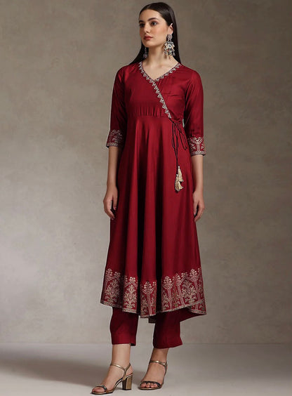 Elegant Foil Print Rayon Anarkali Kurta Pant Set with Designer Dupatta