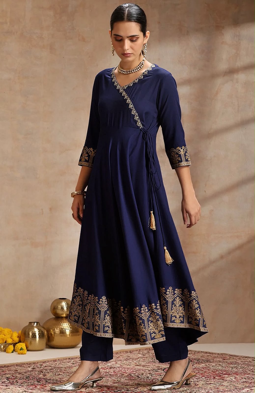 Elegant Foil Print Rayon Anarkali Kurta Pant Set with Designer Dupatta