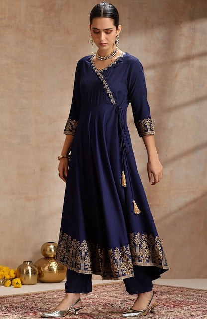 Elegant Foil Print Rayon Anarkali Kurta Pant Set with Designer Dupatta