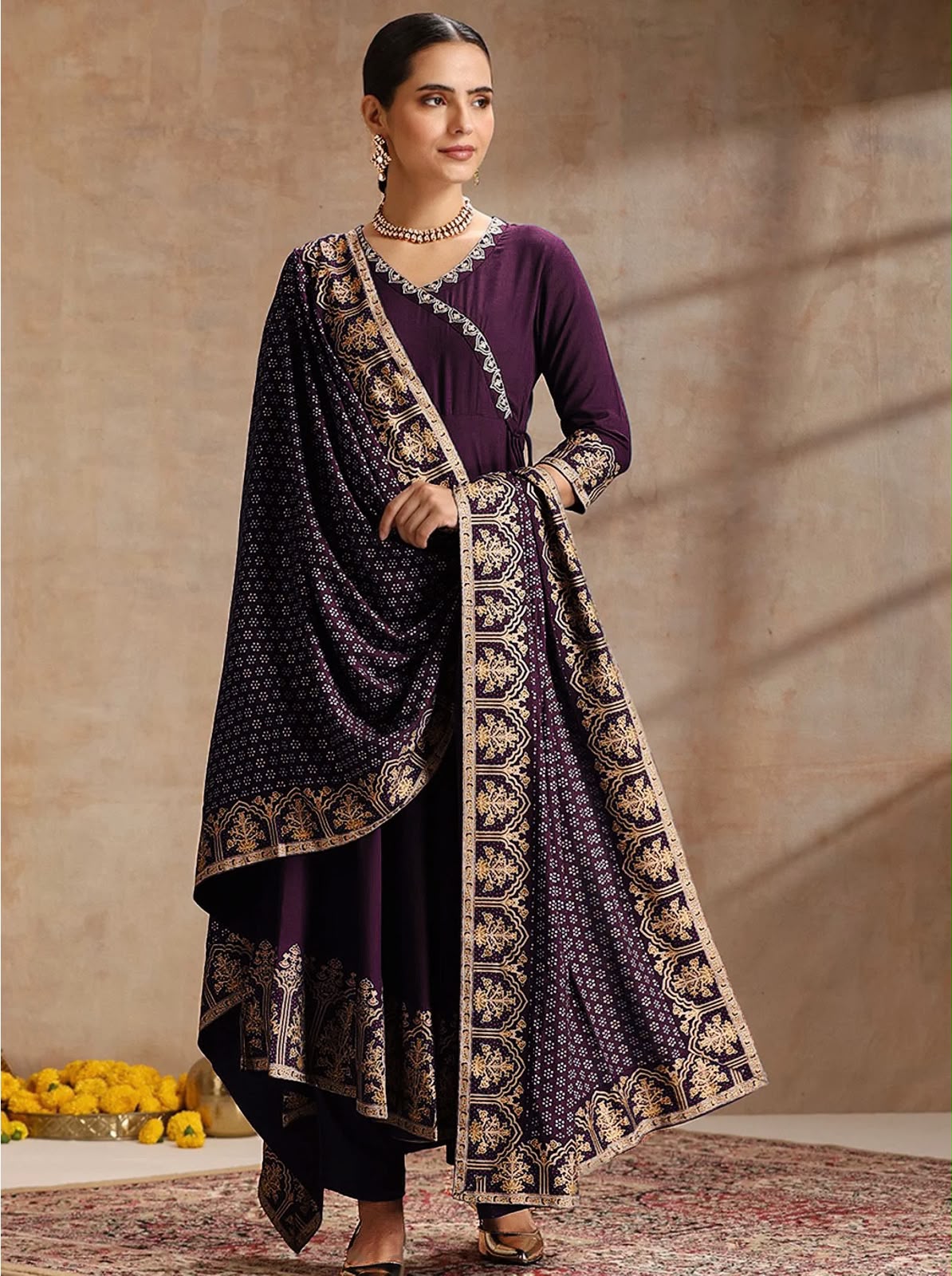 Elegant Foil Print Rayon Anarkali Kurta Pant Set with Designer Dupatta