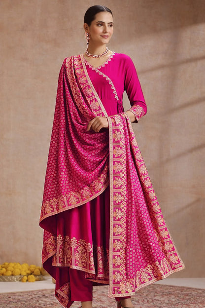 Elegant Foil Print Rayon Anarkali Kurta Pant Set with Designer Dupatta