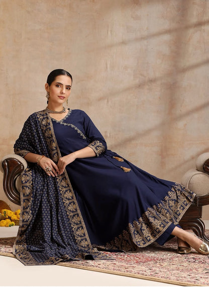 Elegant Foil Print Rayon Anarkali Kurta Pant Set with Designer Dupatta