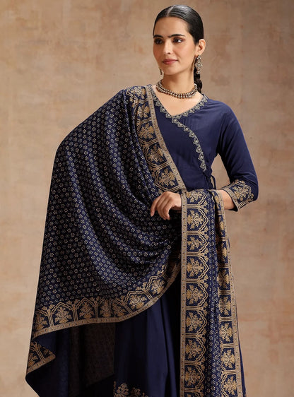 Elegant Foil Print Rayon Anarkali Kurta Pant Set with Designer Dupatta