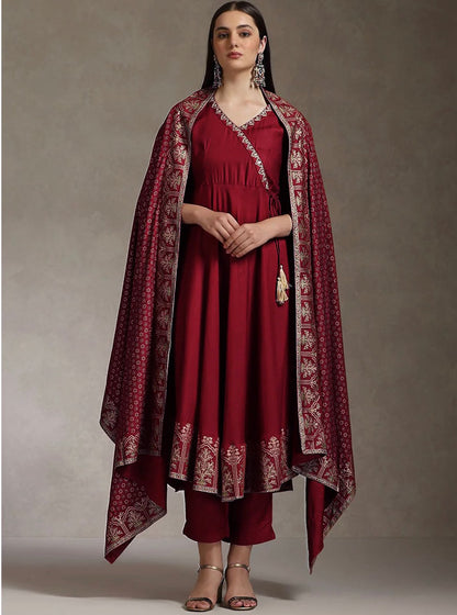 Elegant Foil Print Rayon Anarkali Kurta Pant Set with Designer Dupatta