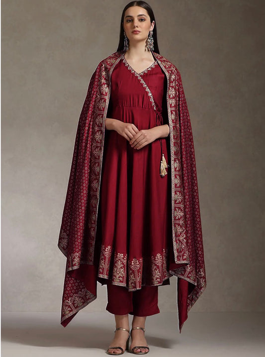 Elegant Foil Print Rayon Anarkali Kurta Pant Set with Designer Dupatta