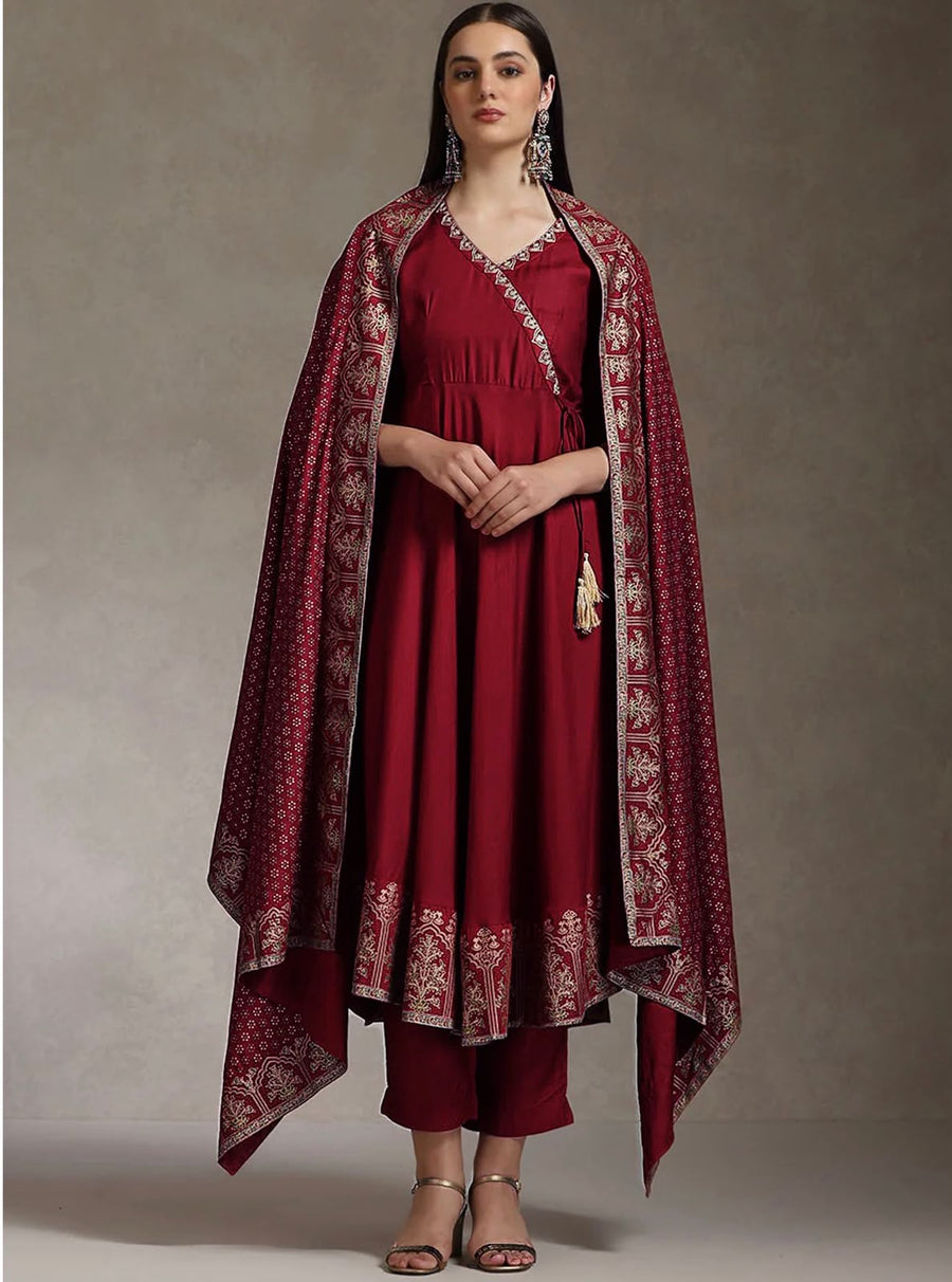 Elegant Foil Print Rayon Anarkali Kurta Pant Set with Designer Dupatta