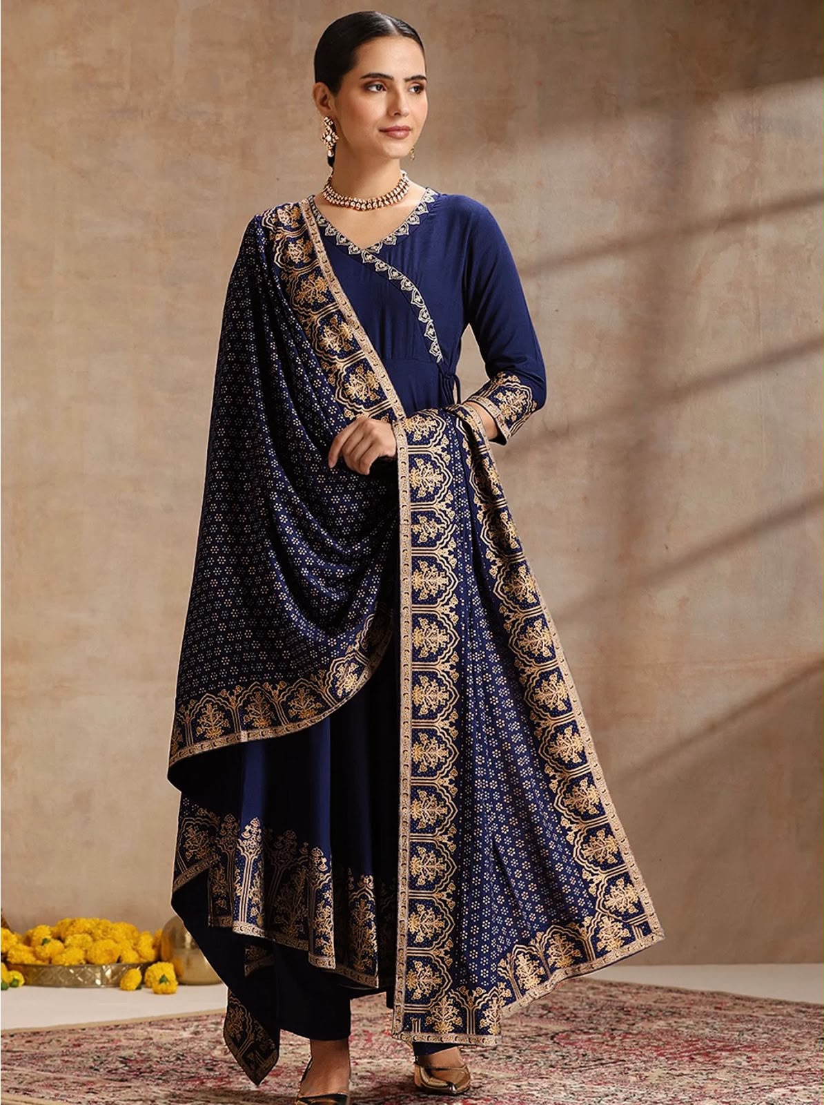 Elegant Foil Print Rayon Anarkali Kurta Pant Set with Designer Dupatta