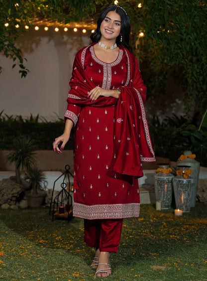 Premium Embroidered Vichitra Silk Kurta Pant Set with Dupatta for Women – Festive & Party Wear