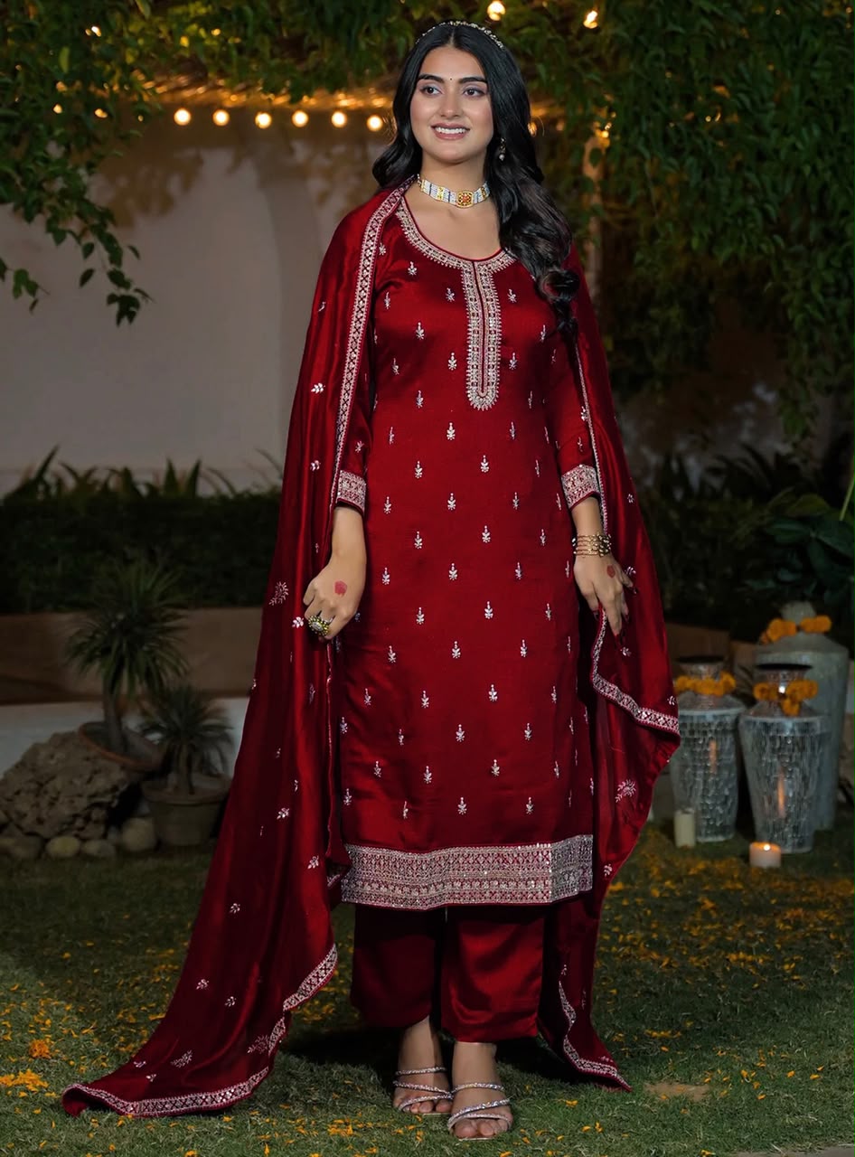 Premium Embroidered Vichitra Silk Kurta Pant Set with Dupatta for Women – Festive & Party Wear