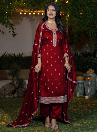 Premium Embroidered Vichitra Silk Kurta Pant Set with Dupatta for Women – Festive & Party Wear