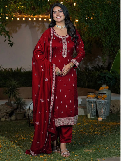 Premium Embroidered Vichitra Silk Kurta Pant Set with Dupatta for Women – Festive & Party Wear