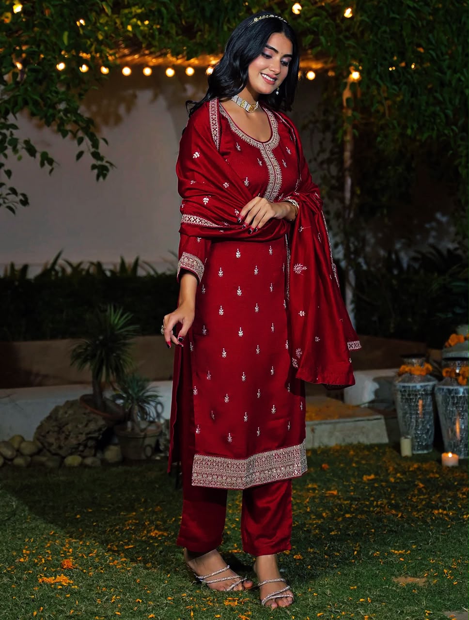Premium Embroidered Vichitra Silk Kurta Pant Set with Dupatta for Women – Festive & Party Wear