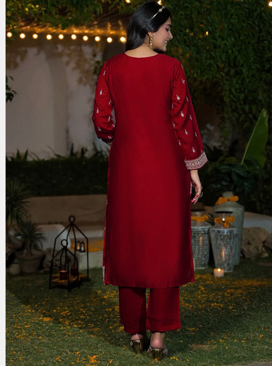 Premium Embroidered Vichitra Silk Kurta Pant Set with Dupatta for Women – Festive & Party Wear