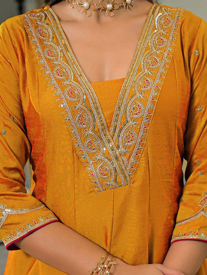 Premium Embroidered Vichitra Silk Anarkali Kurta Pant Set with Dupatta for Women
