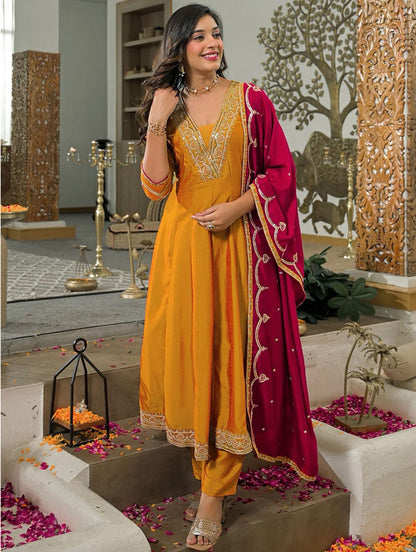 Premium Embroidered Vichitra Silk Anarkali Kurta Pant Set with Dupatta for Women