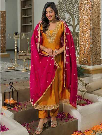 Premium Embroidered Vichitra Silk Anarkali Kurta Pant Set with Dupatta for Women
